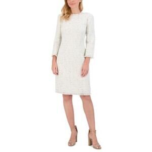 Eliza J. Women's Fringe-Trim Boucle Tweed Pencil Dress in Ivory Cream